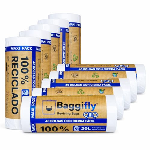 Baggifly, Bolsas de Basura 20L, 400 Bolsas Resistentes, 100% Recicladas, Cierre Fácil, ECO Friendly, Ideal para oficinas, clínicas, hoteles, baños, Maxi Pack 10 x 40, Fabricado en España, Blanco