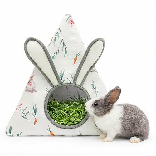 Colenumone Soft Cotton Bunny Hay Feeder Bag, Cute Triangle Rabbit Hay Holder with 3D Ears, Hanging Hay Dispenser for Guinea Pigs, Chinchillas & Small Pets, Breathable & Washable Cage Accessories