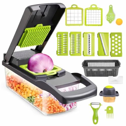 16 in 1 Vegetable Chopper with 1.2L Container & Draining Basket, Multi Blade Mandoline Slicer, Veg Dicer & Onion Cutter, Kitchen Food Chopper for Potatoes, Garlic, Salad & Fruit