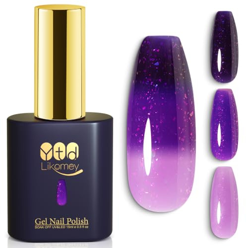 YTD Likomey Semi permanent nagellack nagellack färgförändring gel, tre färger 15 ml paljetter temperaturförändring UV manikyr gel lack - ljuslila-mörklila WB607