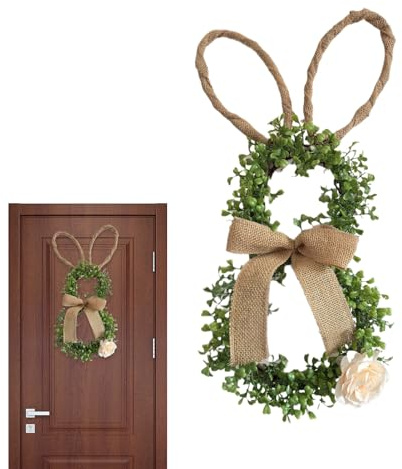 Osterhasen-Türkranz, 50 X 25 cm Osterhase Haustür Deko, Künstlich Frühlingskranz Haustür Mit Schleife & Blumes & Blatt, Osterkranz in Hasenform Für Fenster, Wand, Kamin, Hotel, Party
