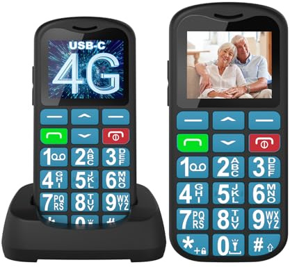 Tosaju 4G Seniorenhandy ohne Vertrag Großtastenhandy Mobiltelefon mit Großen Tasten Ladestation Notruftaste Taschenlampe Wecker 1000 mAh Akku 1,77 Display Blau