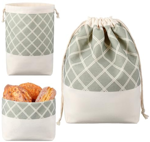 Xuniea Brotbeutel zur Aufbewahrung Frischhalten, Diamant Grünes Karomuster | 3 in 1 Brotkorb Stoff, Geschenkkorb Leer, 33 x 21 cm, Brottasche Brotsack, Baumwollbeutel mit Kordelzug, Wiederverwendbar