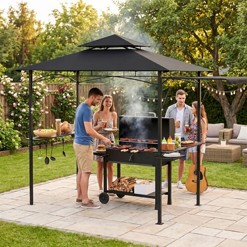 YRHome Grillpavillon mit Doppeldach & Seitenvordach,245x141cm Metallrahmen Gartenpavillon BBQ Pavillon, Wetterfest, Seitenregalen & Haken für Garten, Hinterhof &Partyschwer,Schwarz