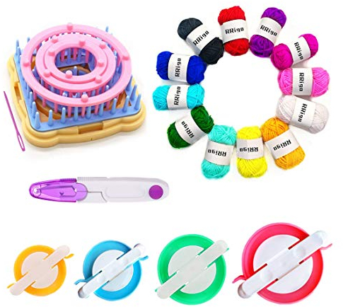 Flower Loom Kit, 8pcs Frame Looms with 12 Colors yarn(120g), Knitting Wool, Round/Square Knitting Looms Craft Kit Multi Color +scissors + 4 pom pom maker(D)