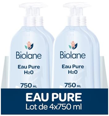 BIOLANE - Lot de 4 Flacons Eau Pure H2O - Nettoyant pour le visage, corps et siège du bébé - Sans rinçage - 4 flacons-pompe de 750ml - Fabriqué en France