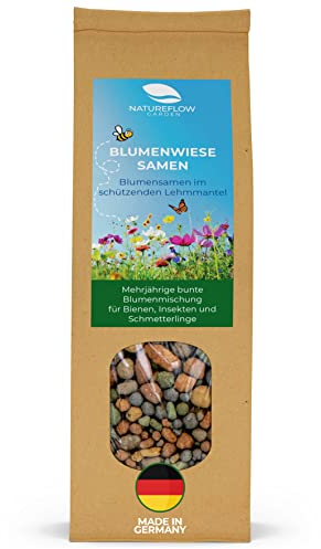 Wildblumensamen mehrjährig & winterhart - 400g Bienenwiese Saatgut im Lehmmantel aus Deutschland - 100% Natürliche Blumensamen - Blumenwiese Samen für 20m² wunderschöne Wildblumen Blühwiese