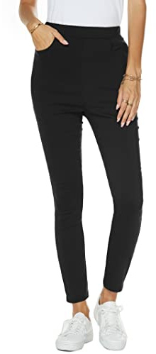 Famulily Women Business Casual Stretch High Waisted Pull On Skinny Trousers Dressy Leggings Office Work Pants with Pockets Black S