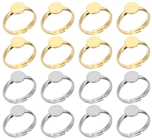 PLABBDPL 16pcs 12mm Ringrohling Basen Edelstahl Cabochon Ring Lünette Rohlinge Fingerringe Verstellbar Cabochon Fingerring Komponenten Flache Runde Pad Ring Basis für DIY Schmuck Machen, Gold, Silber