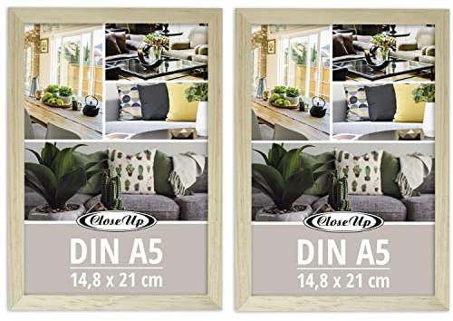 Close Up Bilderrahmen 2er Set DIN A5 (14,8 x 21 cm) | Holzdekor (MDF) Natur mit Rückwand und Aufsteller | PVC-Scheibe (unzerbrechlich) Profilbreite 15 mm