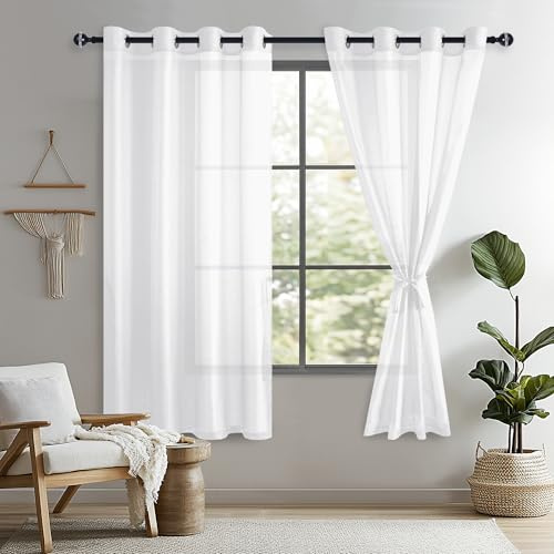 DWCN Weiß Gardinen mit ösen Transparent Voile Ösenvorhang Halbtransparent | 160x132cm(HxB), 2er Set Sheer Voile Vorhänge für Wohnzimmer, Schlafzimmer, Transparente Vorhang mit Vorhang-Krawatten
