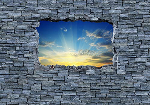 wandmotiv24 Fototapete 3D Sonnenaufgang - grobe Steinmauer, 200 x 140cm - selbstklebende Strukturtapete, Wanddeko, Wandbild, Wandtapete, 3D-Optik, Wandbruch, Landschaft M0630