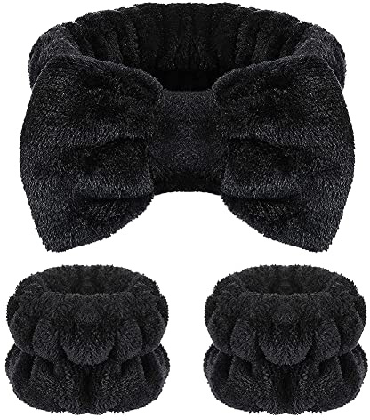 JIHUOO 3 Stück Spa Stirnband und Armband Gesicht Stirnband Handgelenk Waschbänder Set Weiches Makeup Haarband Flauschiges Kosmetik Stirnband Schwarz