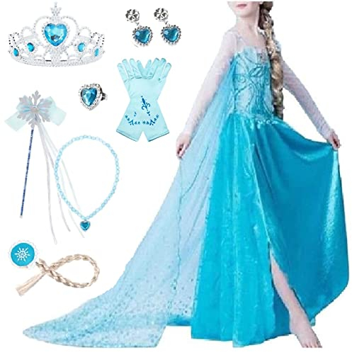 Timesun ELSA Mädchen Prinzessin Elsa Kleid Kostüm Karneval Cosplay Eisprinzessin Set aus Diadem, Handschuhe, Zauberstab, Perücke,Halskette,Ohrringe,Ringe,Handbag (Schneeflocken, 100)