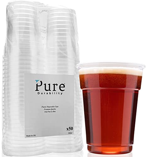 Pure Durability Plastic Pint Glasses 50 Pack Strong Disposable Beer Cups 568ml