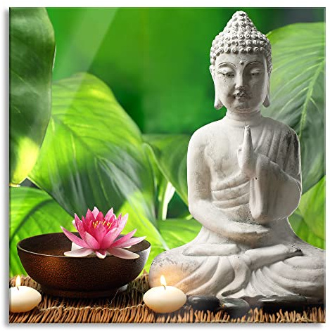 Pixxprint Glasbild, Wandbild auf Echtglas, Seerose Buddha Statue, 80x80 cm, inkl. Aufhängung und Abstandshalter