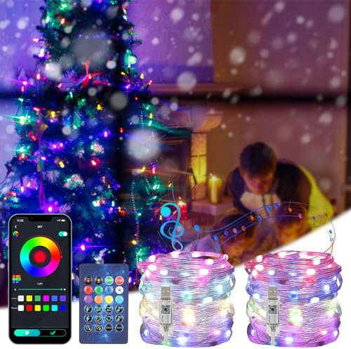 GuKKK LED Lichterkette Außen, 【2 Stück】 10M 100 LED Intelligente Lichterketten RGB, Musik Sync, USB Farbwechsel Bunte Lichterkette, mit Timing Fernbedienung und APP Gesteuert, für Weihnachtsbaum