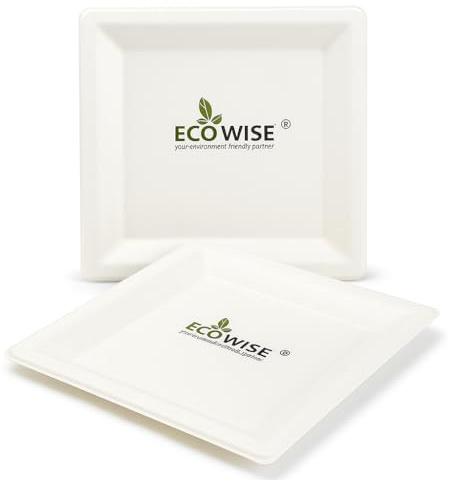 Best House Square Bagasse Sugarcane Plates, Large White Bagasse Plates - 50 Pack - 10 inch - Eco-Friendly, Biodegradable, Recyclable, and Compostable Tableware for Picnics, BBQs and Parties
