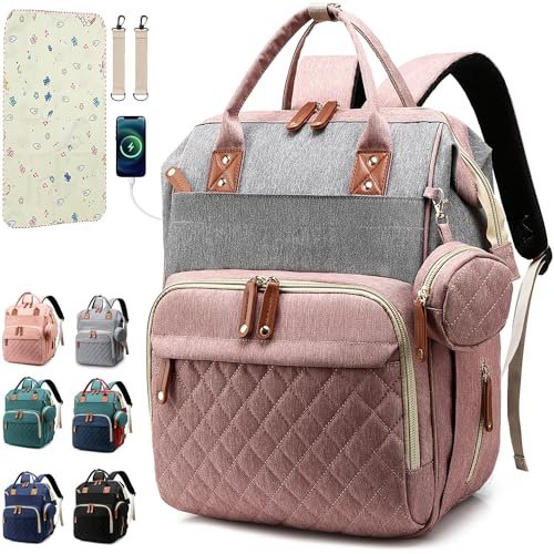 SHITIESHOU Borsa per pannolini, zaino per bambini, per papà, mamma, con imbottitura, 16 tasche, A Rosa Grigio, Large, Compatto