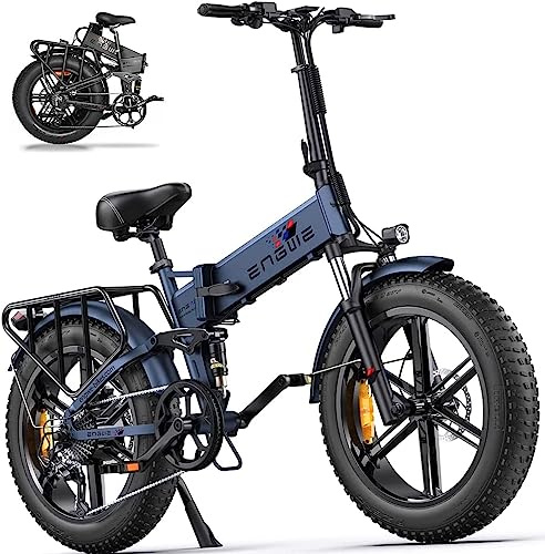 ENGWE Electric Bike Folding E-Bike for Adults, 20''*4.0 Fat Tire Electric Bicycle, 48V 16Ah Battery Range to 150km, 8-Gears All -Terrain, ENGINE Pro (Grey) (Blue)