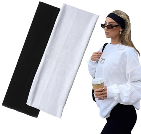 Yedtreg Haarbänder für Damen und Herren, 7 cm breit, Schwarz, 2 Stück, modische Stirnbänder für Damenhaar, weicher Stoff, dehnbare Haarbänder für Make-up, Yoga, Laufen, Sport