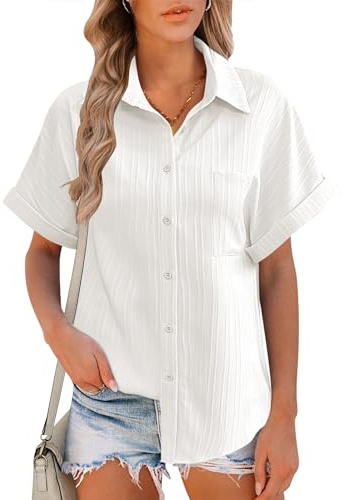 Hotouch Chemisier Femme Elégant Chemise Manches Courtes Chemise Décolleté en V Moderne Hauts de Travail avec Boutons Chemise Bureau Blouses Monochrome Top Blanc XL