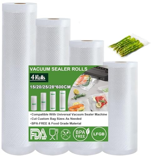 Omtofo Bolsas de envasado al vacío, 5 Rollos, 20 x 300cm/rollo, Bolsas de vacío para Alimentos, sin BPA, 190 µm, Rollo de lámina de vacío para Todas Las envasadoras al vacío, microondas y Sous