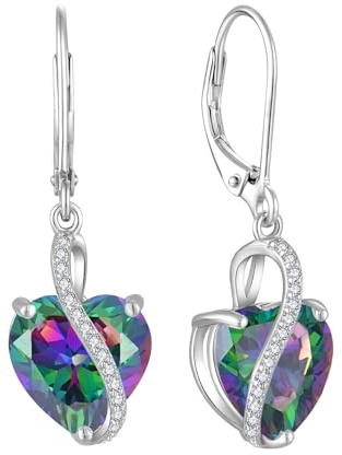 YL Boucles d'oreilles en forme de cœur en argent sterling 925 avec 12 pierres de naissance en zircone - Pour femme, Argent sterling, Zircone cubique