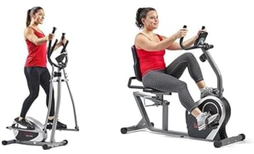 Sunny Health & Fitness Exercise Bikes, Magnetic Recumbent Bike + Legacy Stepping Elliptical Machine, Total Body Cross Trainer with Ultra- Quiet Magnetic Belt Drive