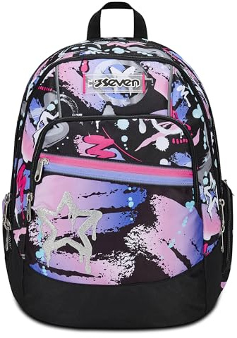 Seven Sac à Dos d'école avancé, Noir Fuchsia, Mark on Girl, Sac à Dos Double Compartiment avec Poche pour PC ou Tablette, Poche Porte-Bouteille et Organisateur, Sac à Dos pour Les écoles Moyennes et