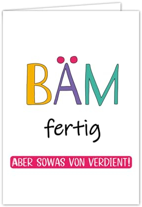 PICTALOO Glückwunschkarte bestandene Prüfung – BÄM fertig – bunte Grußkarte zum Abitur, Ausbildung, Bachelor, Führerschein, Examen, Schulabschluss, witzige Karte zur Gratulation, Geschenk Abi (fein)