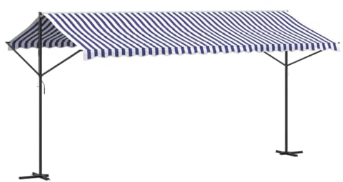 vidaXL Freistehende Markise, Gartenmarkise Einziehbar, Standmarkise für Garten Terrasse Balkon, Sonnenschutz, Blau Weiß Stoff Stahl
