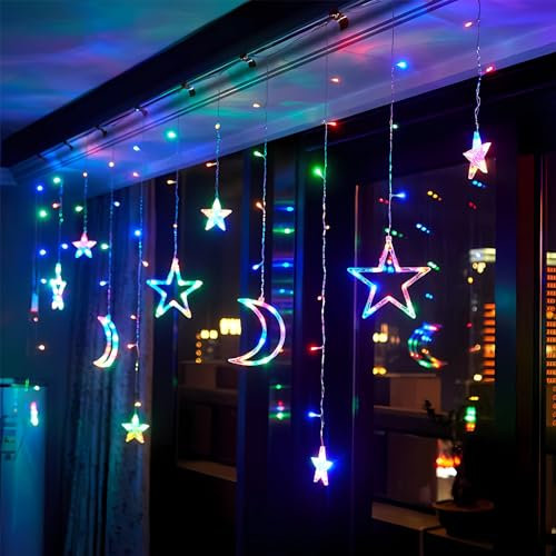 CNMTCCO Rideaux lumineux de Noël intérieur, 12 rideaux lumineux étoilés, 2,5 m x 1 m Guirlande lumineuse décorative de Noël avec minuterie, 8 fonctions, port USB et boîtier à piles (Multicolore)