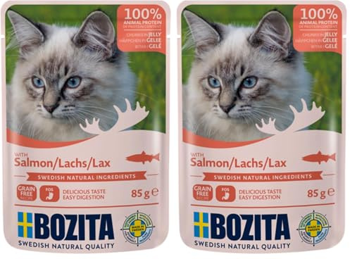 BOZITA Nassfutter Häppchen in Gelee mit Lachs 12x85g Pouch Portionsbeutel - getreidefrei - für Erwachsene Katzen (Packung mit 2)