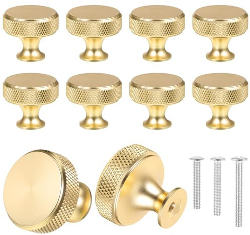 Worahoe 10 Pcs Cabinet Knobs - Gold Matte Metal Round Knurled Wardrobe & Kitchen Hardware Cupboard Knobs with 3 Size Screws for Drawer, Dresser, Wardrobe & Cupboard