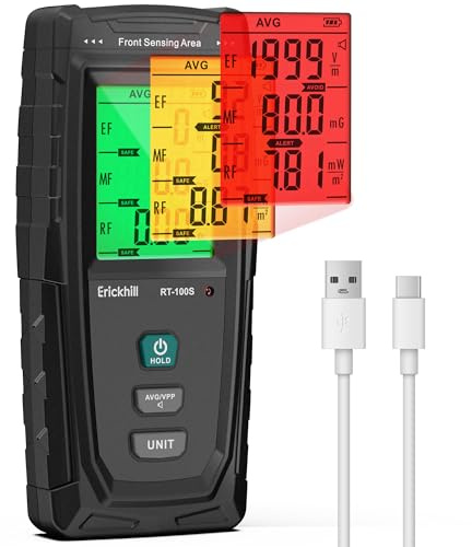 ERICKHILL 3 in 1 EMF Detector, Electromagnetic Field Radiation Detector for EF, RF, MF, WiFi,5G Signal,Triple Alarm Modes, Type-C Charging, EMF Meter for Home, Office, and Paranormal Investigation