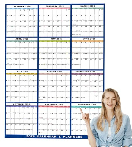Calendario de pared borrado en,Calendario de pared 2026 - Calendario de pared grande borrable 2026 Calendario de 12 meses,Planificador de pared anual reutilizable, calendario de pared de 12 meses par