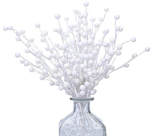 Nvzi Paquete de 12 tallos artificiales de bayas blancas de 14 pulgadas, púas de bayas de acebo falsas para jarrón de árbol de Navidad, corona, manualidades, decoración del hogar