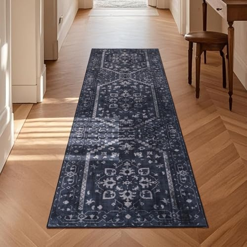 TUKDAK Teppich Läufer für Flur 60×180cm, Marineblau Waschbar Küchenteppich rutschfest Gummirücken, Vintage Faxu Wool Läufer Lang für Eingang Matte Klage für Waschküche Büro Badezimmer