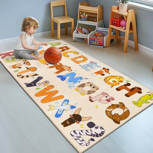 GthreeD Kids ABC Rugs for Playroom - Washable Soft Non-Slip Beige 80x150 cm | Learning ABC Alphabet & Animals, Ideal for Exploration Game Perfect for Toddler Classroom Nursery Living Room Decor