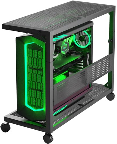 Moricher Computer Tower Stand - Height Adjustable 2-Tier ATX-Case PC Stand Printer Rack Pegboard with Rolling Wheels & Mousepad for Home Office Gaming Accessories