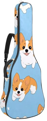 KengjuTesu 43 Zoll Akustikgitarre Softcase mit Rucksackgurt und 2 Taschen Cute Corgis Blau Hintergrund Keine Polsterung Rucksack Wasserdicht Oxford Tuch Bassgitarre Gigbag für Konzertgitarre,