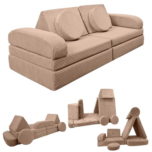 Izabell Modulares Kindersofa und Spielsofa – Kreatives Sofa aus Weichem Cordstoff mit Wasserfesten Schutzbezügen, Perfekt zum Spielen und als Bett für Kinder (braun)