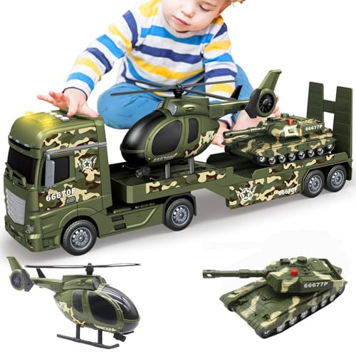 Mostop Großer Militär-Sattelzug 25,6 Zoll, Armee LKW Spielzeug mit Hubschrauber & Panzer, reibungsbetrieben Transportfahrzeug mit Licht & Geräusch, Kinder 3–8 Jahre