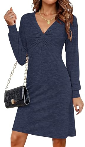 MOLERANI Abiti da Donna Autunno Abito Casual Comodo Manica Lunga Scollo a V Abito Midi Elegante Blu Marino XL