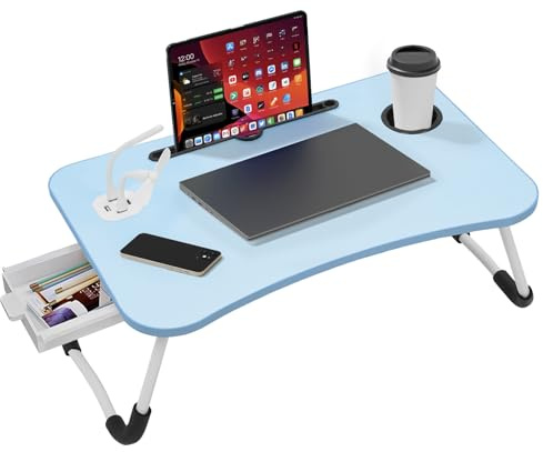 Foldable Laptop Table with USB Ports, Drawer, Cup Holder&Tablet Slot, Blue | Small desk with fan and lamp for bed,sofa,floor, balcony. Ideal for reading, studying, having breakfast, gaming, or working.