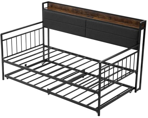 VEVOR Tagesbettrahmen in Twin-Größe, Tagesbett Sofabett mit Ausziehbett, Plattformbettrahmen mit Ladestation & Metalllattenunterstützung für Wohnzimme Schlafzimmer Gästezimmer, Schwarz