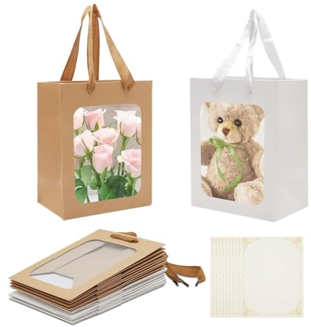 TMZELOA 10 Pcs Bolsa de Regalo con Ventana Bolsas de Regalo Bolsas Papel Kraft Bolsas de Papel Pequeñas con Asas Bolsas Regalo para Embalaje de Regalo Fiestas de Cumpleaños Compras Bodas Navidad