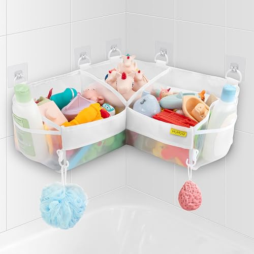 MUMUQ 3 Compartments Bath Toy Storage Corner Bath Toy Holder for Bathtub, Kids Tub Toys Organizer with Adhesive Hooks, Quick-Drying Machine-Washable Mesh Bathroom Organizer for Tidy Bathtub