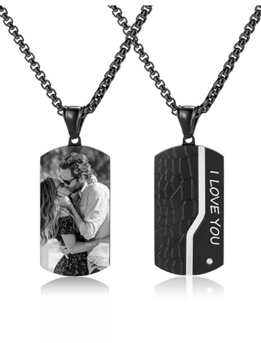 PiercingJak Personalisierte Dog Tag Halskette Foto Text Beidseitig Gravur Edelstahl Hundemarke Kette Memorial Anhänger Erinnerung Schmuck Individuelle Geschenke für Herren Frauen, Steinoptik